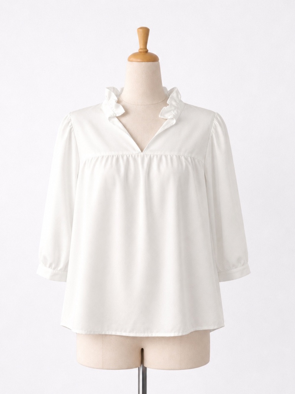 🌼 3/$15 White Ruffle Neck Babydoll Blouse 3/4 Sleeve Split V Neck Top XXL